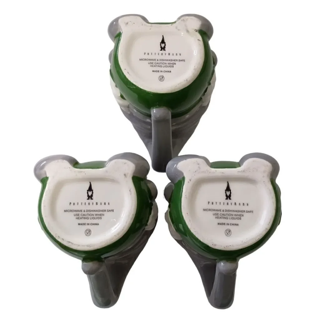 Pottery Barn Gnome Gnomette‎ Mug Set x 3 Ceramic Holiday Gray Green Polka Dots